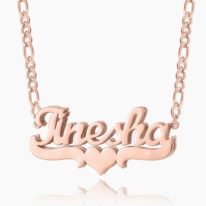 Personalized rose gold heart name necklace with Ayesha name and Figaro chain