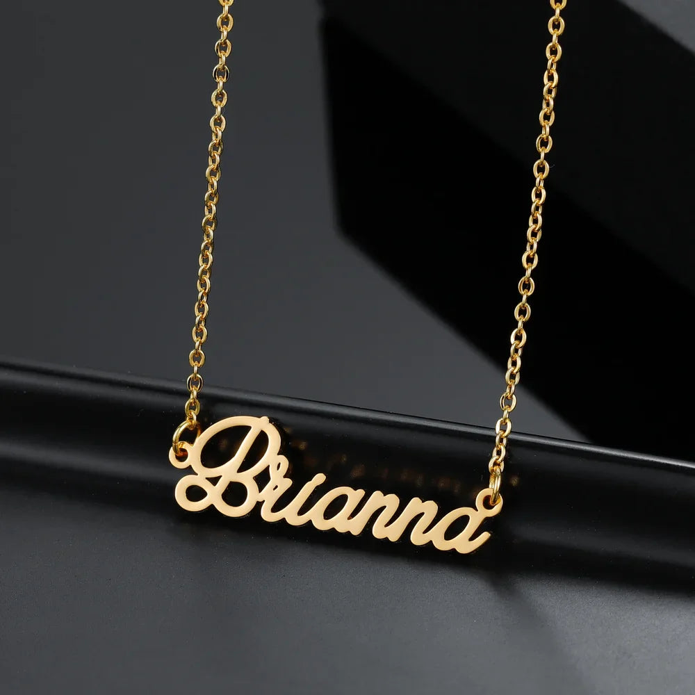  Personalized Script Name Necklace in Gold on Black Background