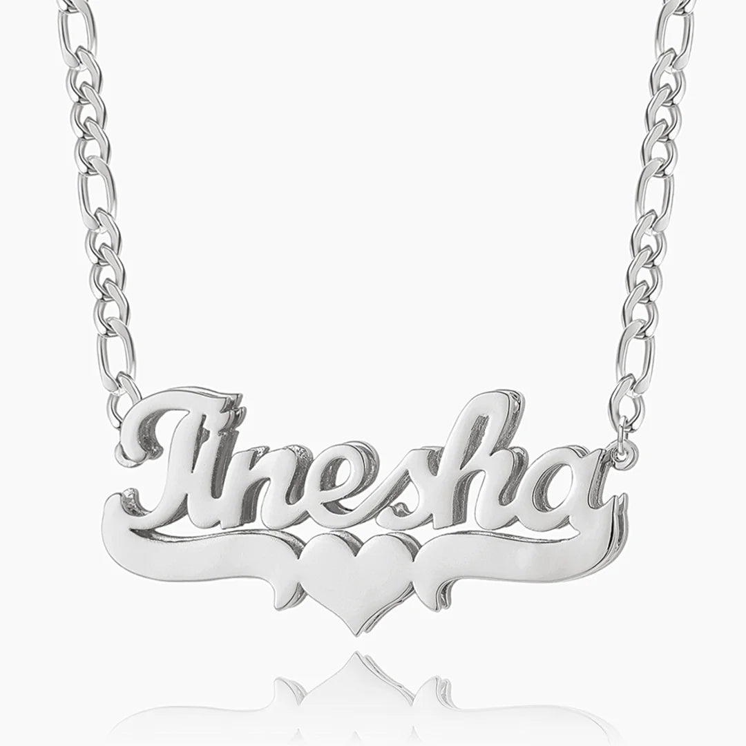 Personalized silver heart name necklace with Ayesha name and Figaro chain