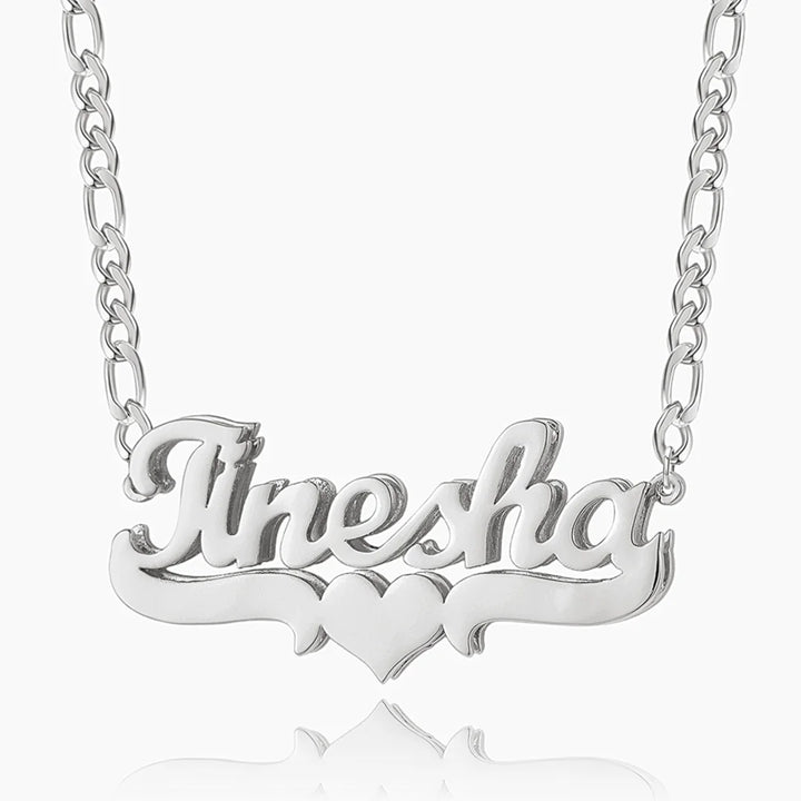Personalized silver heart name necklace with Ayesha name and Figaro chain