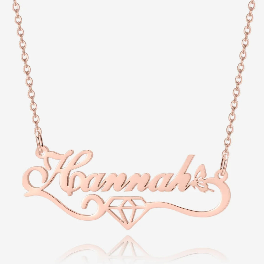 Dainty Butterfly Name Necklace with Diamond Accents in Rose Gold