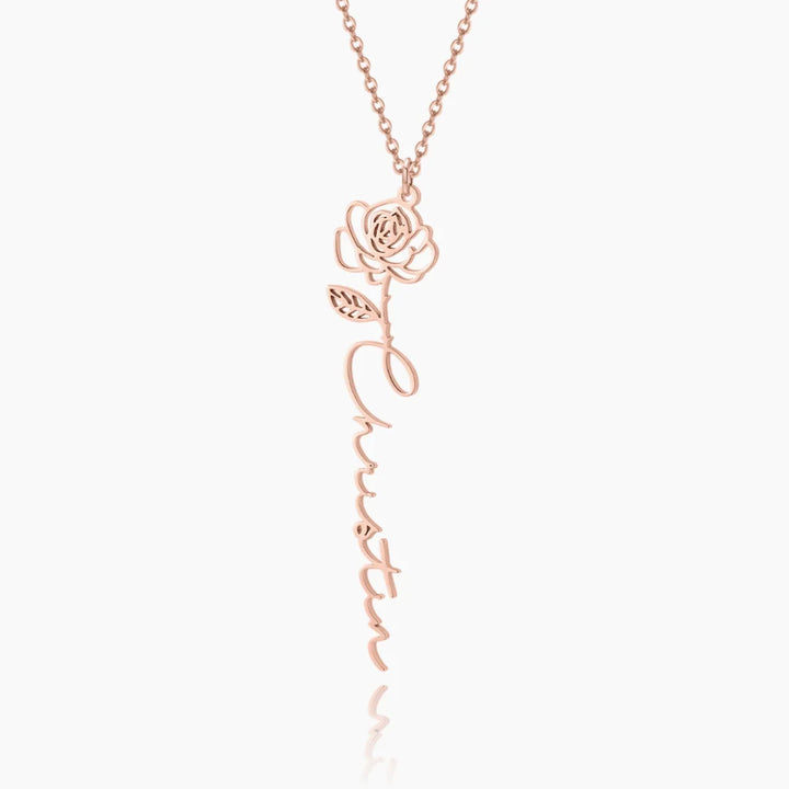 Personalized Birth Flower Name Necklace in rose gold with a delicate floral motif and customized name.