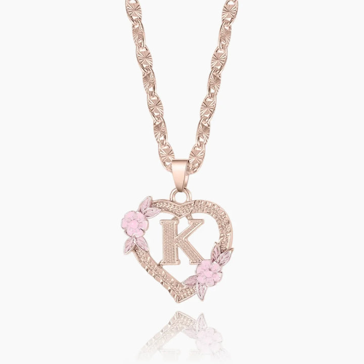 Rose gold Personalized Floral Initial Necklace with pink flowers and initial 'K