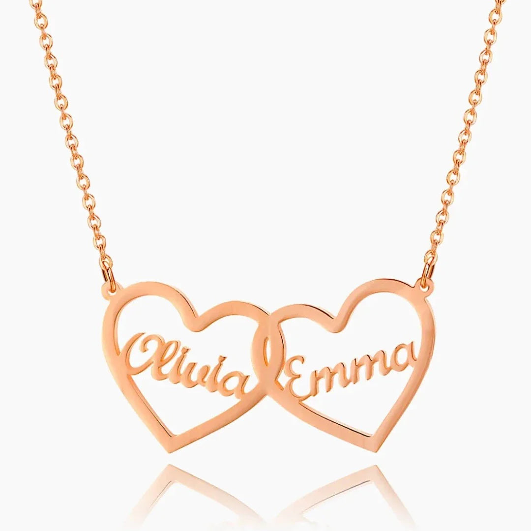 Rose gold twin hearts name necklace