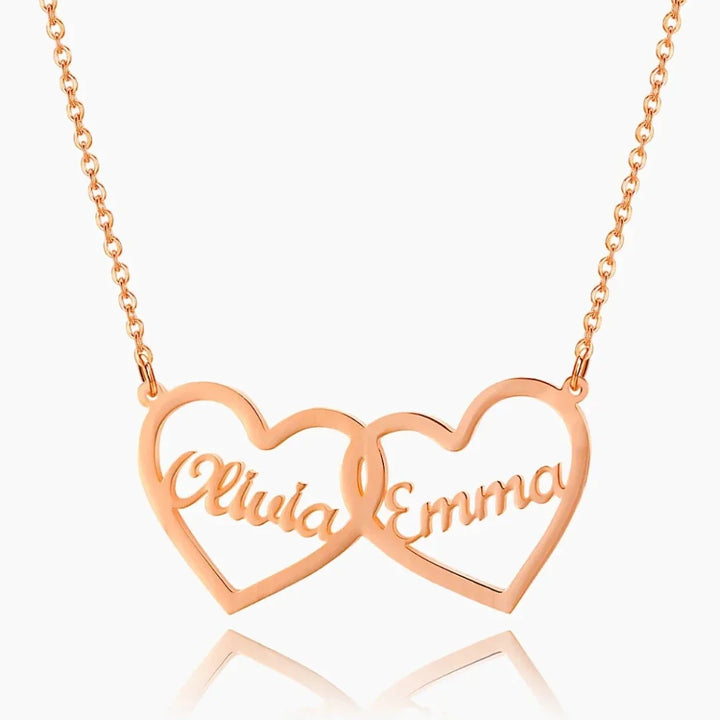 Rose gold twin hearts name necklace