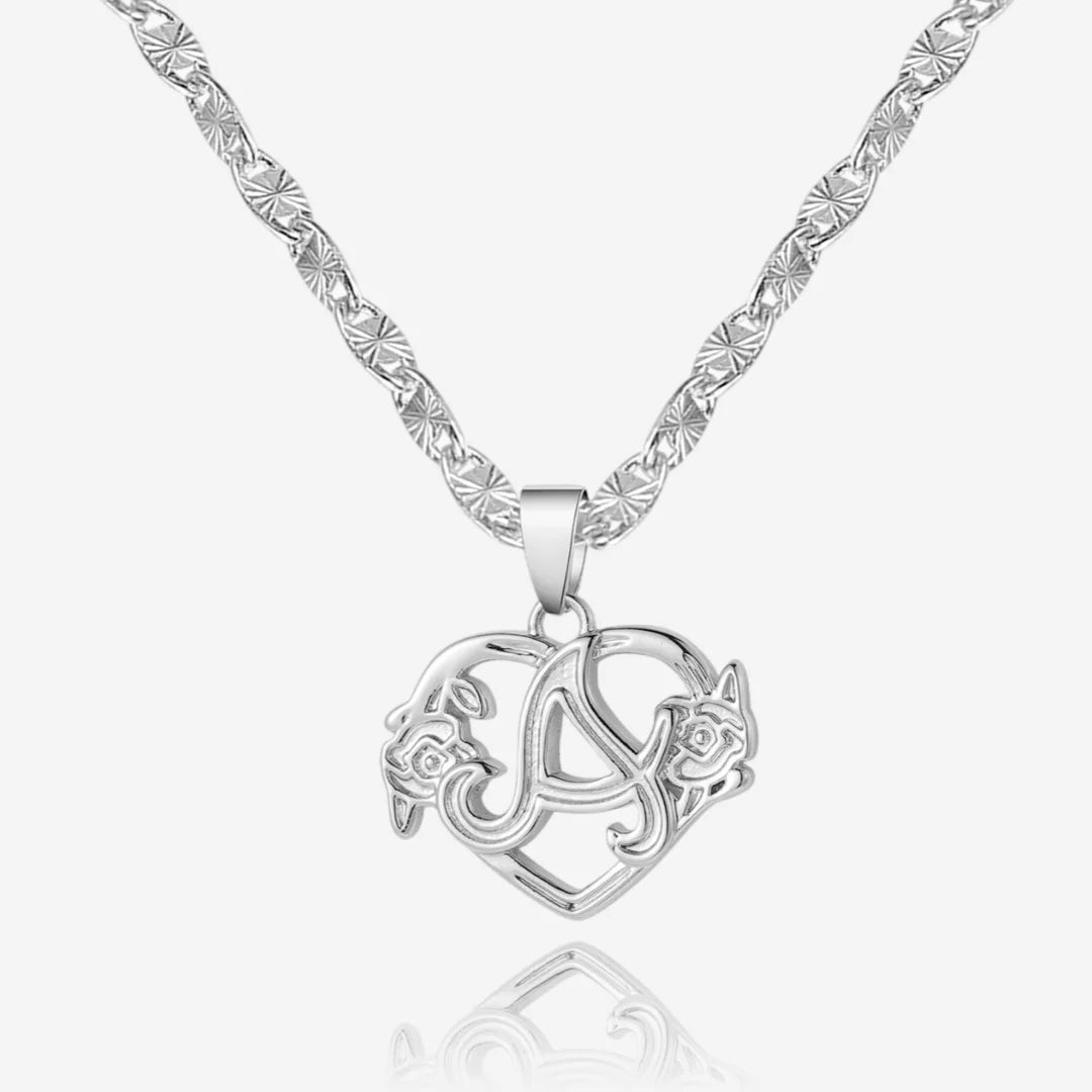 Silver Rose Initial Necklace with Dainty Flower Design