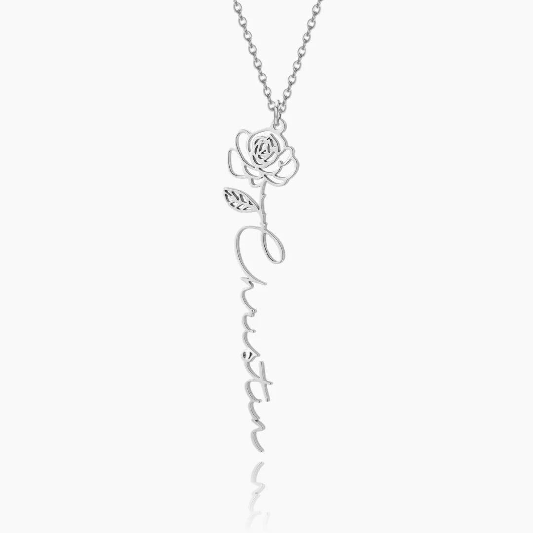 Personalized Birth Flower Name Necklace in silver with a delicate floral motif and customized name.