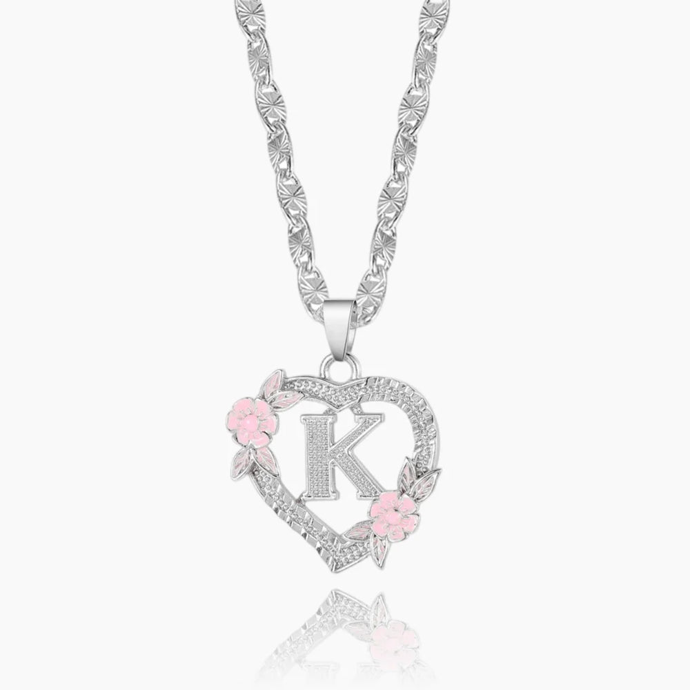 Silver Personalized Floral Initial Necklace with pink flowers and initial 'K'.