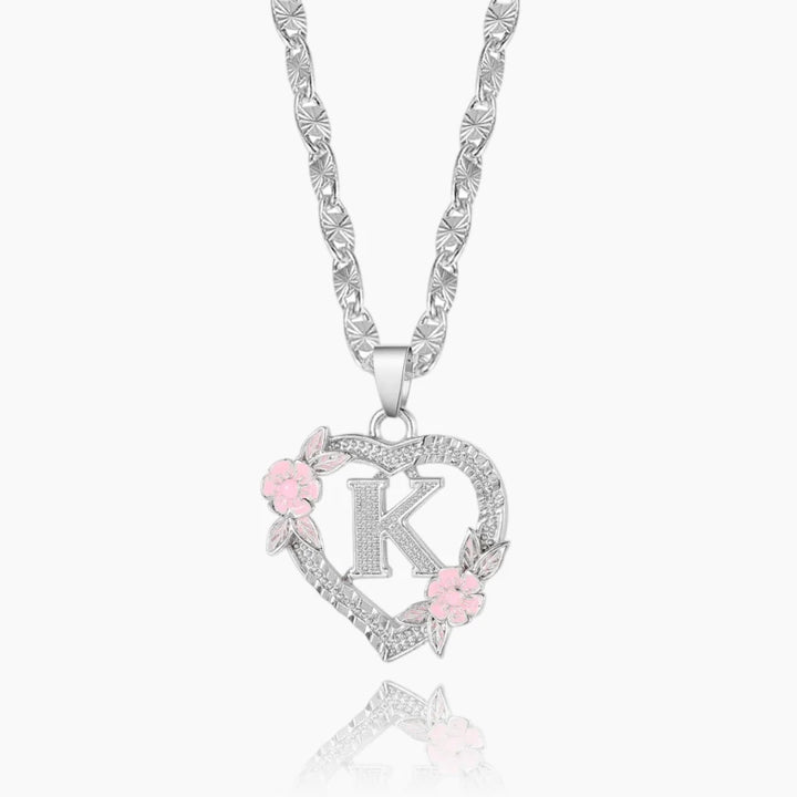 Silver Personalized Floral Initial Necklace with pink flowers and initial 'K'.