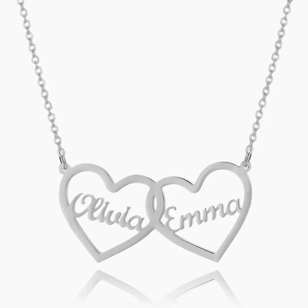 Silver twin hearts name necklace