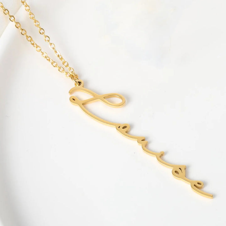  Vertical Signature Name Necklace Displayed on White Background